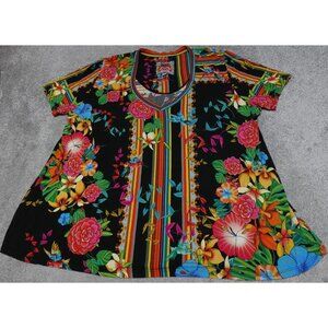 Johnny Was Andra Floral Hummingbird T-Shirt Women's XL Floral V Neck